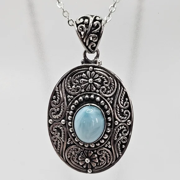 Ornate Genuine Larimar Necklace Rhodium over Sterling Silver! - Picture 3 of 9